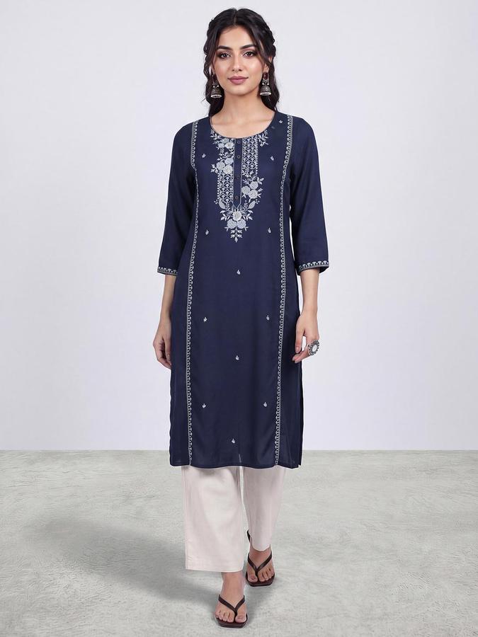 R&B Women Navy Blue Floral Embroidery Round Neck Three-Quarter Sleeves Ethinic Kurta