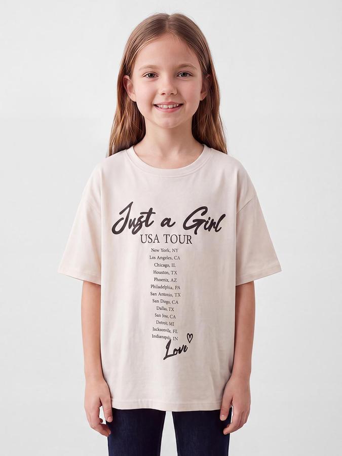 R&B Girls Beige Typography Print Short Sleeves Round Neck Pure Cotton T-Shirt