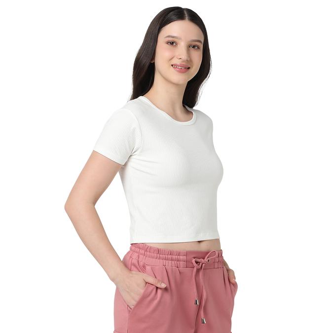 R&B Women Ivory Solid Cropped Ribbed Top