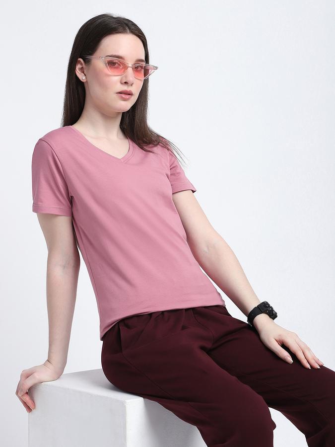 Women Cotton Blend Regular Fit V-Neck Solid T-shirt