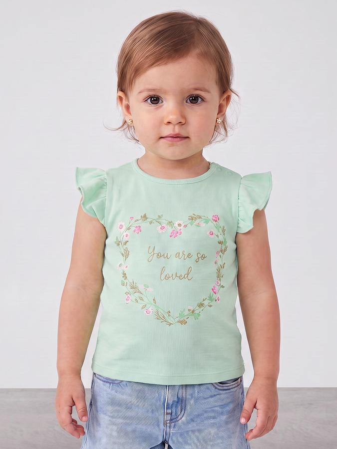 R&B Girls Green Graphic Print Short Sleeves Round Neck Pure Cotton T-Shirt
