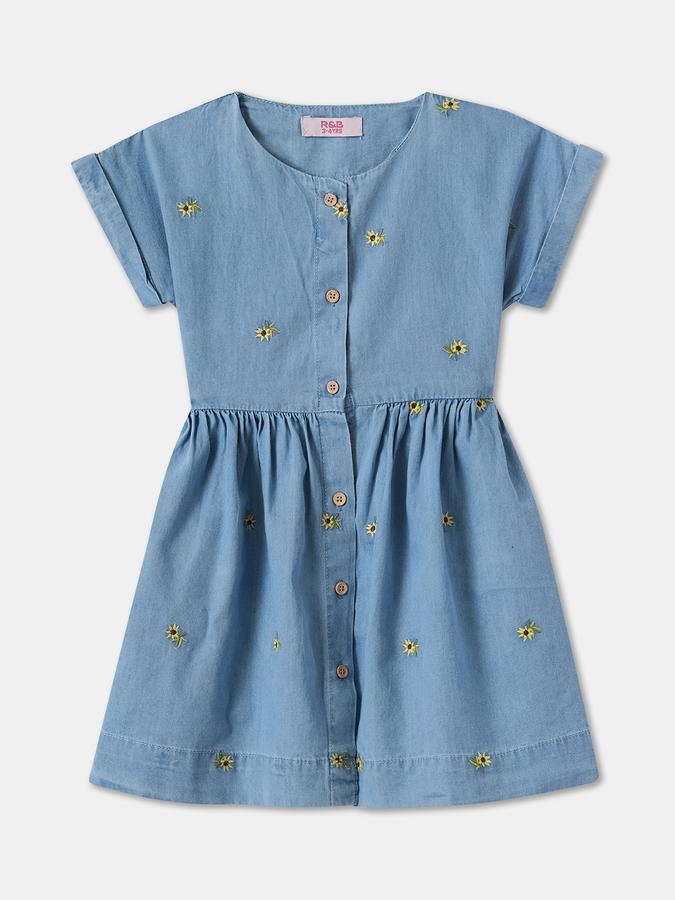 Girls Floral Embroidered Short Sleeve Round Neck A-Line Dress