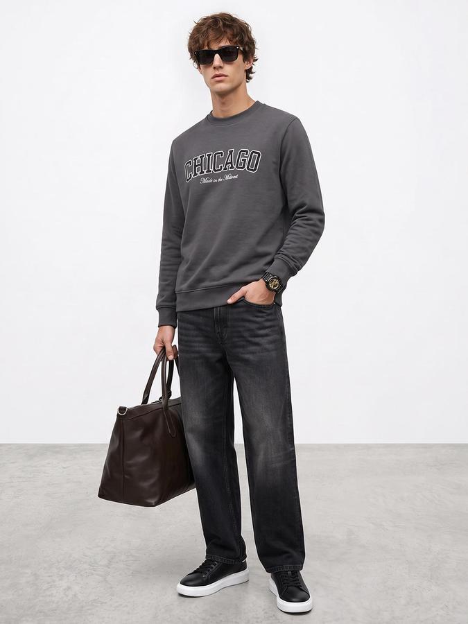 R&B Men Grey Graphic Print Round Neck Long Sleeves Sweatshirt