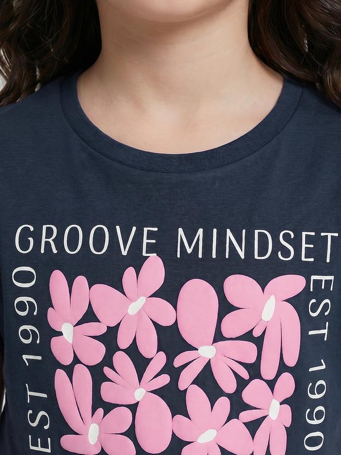 R&B Navy Blue Graphic Print Girls Round Neck Regular Fit Short Sleeves T-Shirt 