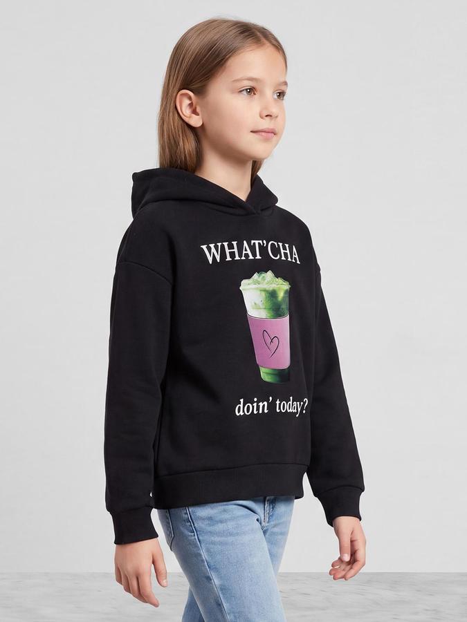R&B Girls Black Graphic Print Long Sleeves Hooded Sweatshirt