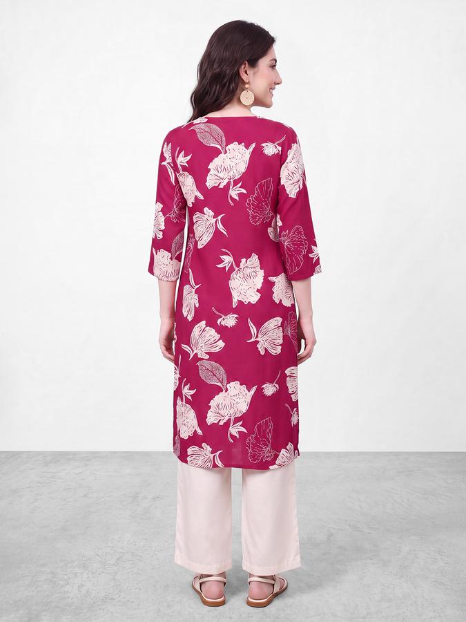 R&B Womens Magenta Three-Quarter Sleeves V Neck Floral Printed Straight Kurta