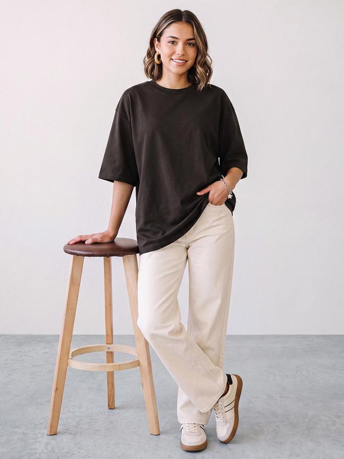 R&B Women Coffee Short Sleeve Round Neck Solid T-Shirt