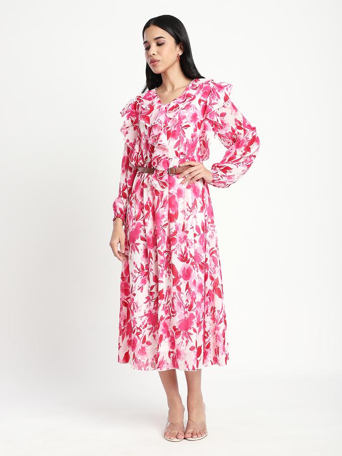 R&B Women Pink Abstract Print Ruffle Shirt Dress