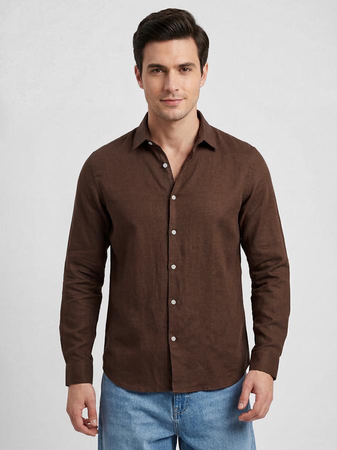 R&B Dark Brown Solid Men Spread Collar Long Sleeves Shirt