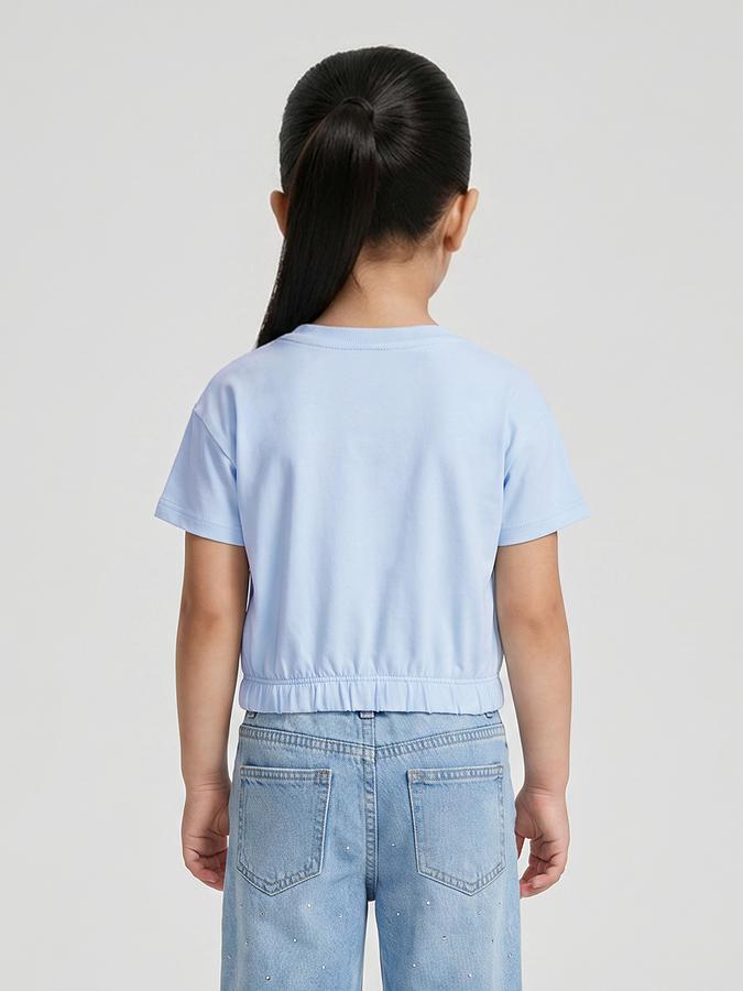 R&B Girls Blue Regular Fit Stitch Printed Short Sleeve T-shirt