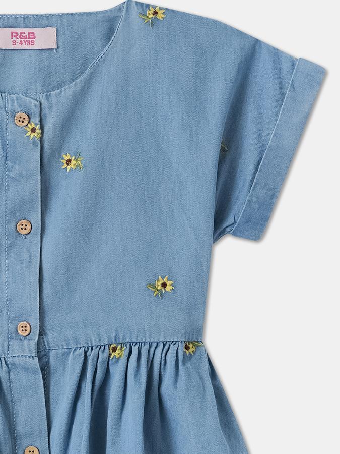 Girls Floral Embroidered Short Sleeve Round Neck A-Line Dress