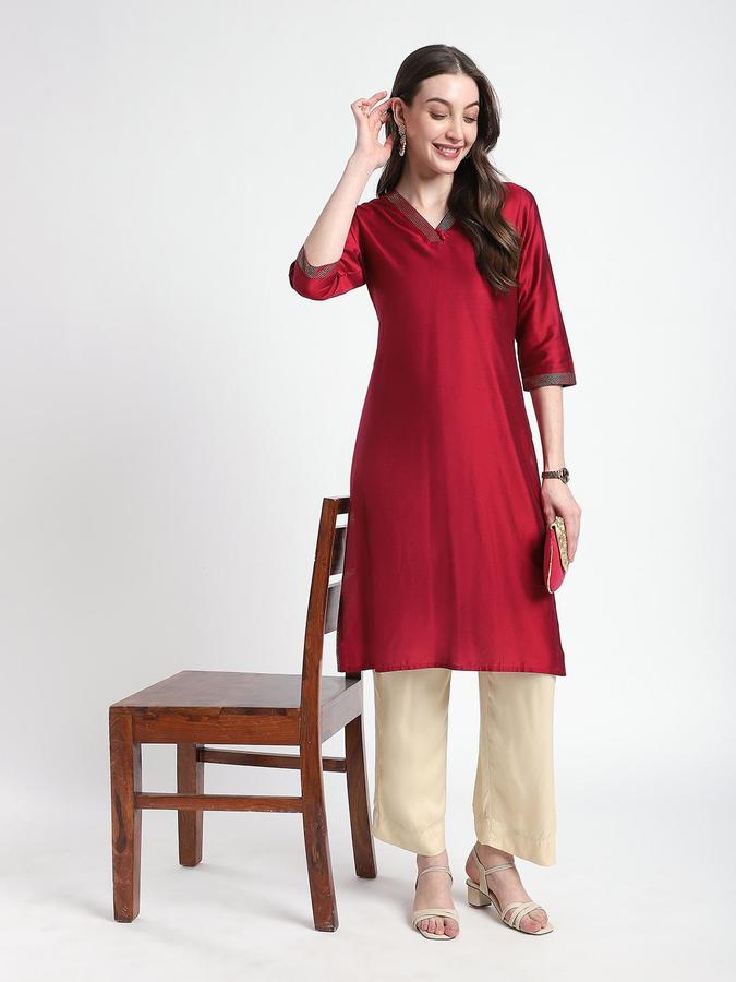 R&B Women Maroon Solid V-Neck Knee Length Ethnic Kurta