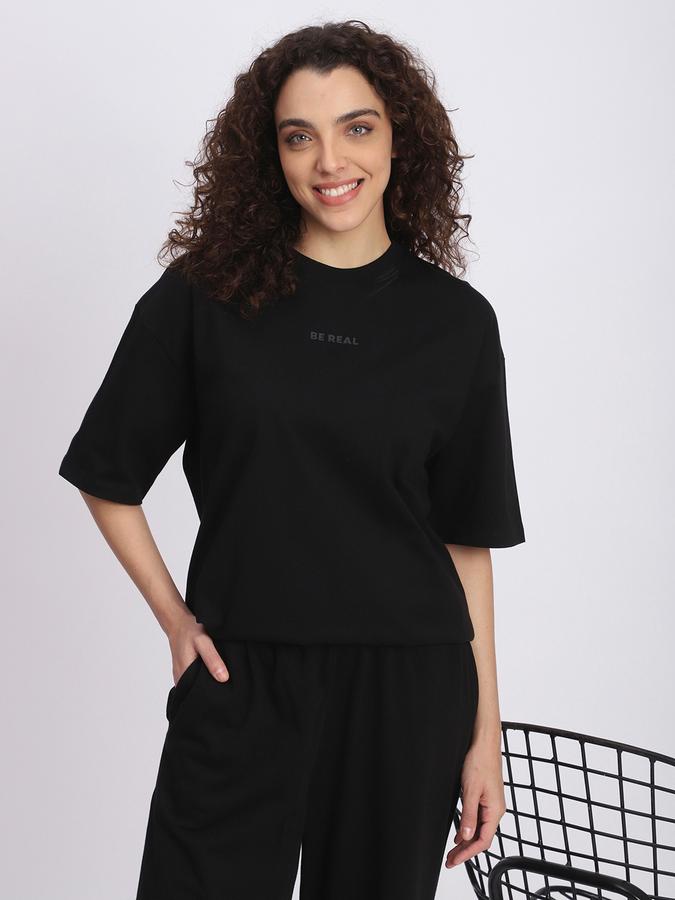 Women Cotton Relaxed Fit Crew Neck Typographic Top