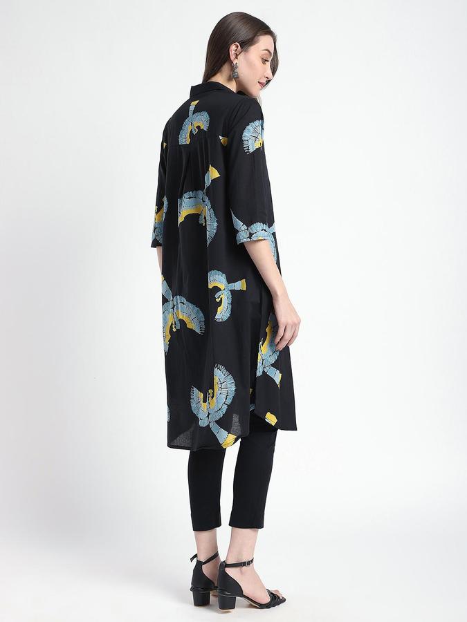 R&B Women Black Abstract Print Shirt Collar Knee Length Pure Cotton Ethnic Kurta