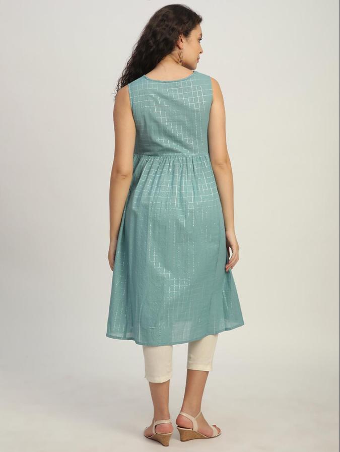 R&B Blue Checked  Women Sleeveless Kurta