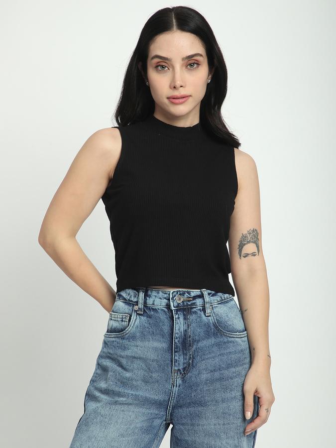 R&B Women Black Solid Sleeveless High-Neck Top