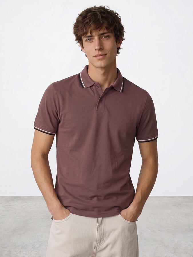R&B Men Mauve Textured Short Sleeves Polo Collar T-Shirt