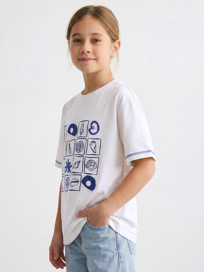 R&B Girls White Regular Fit Graphic Print Short Sleeve T-shirt