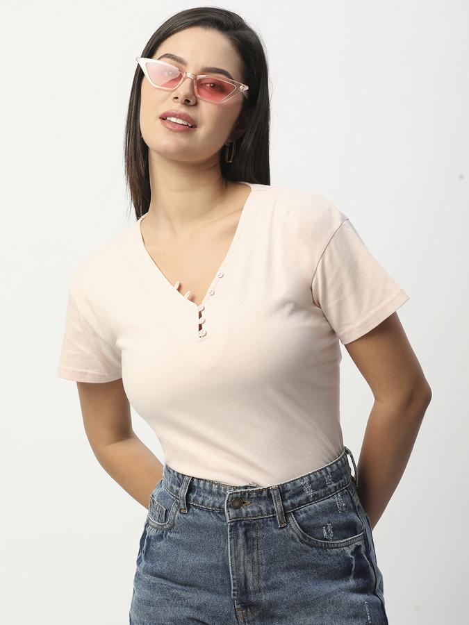 Women Cotton Relaxed Fit V-Neck Solid Top