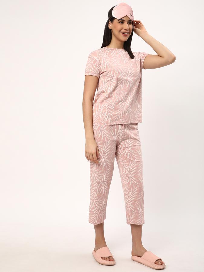 Women Leaf Print T-Shirt & Pyjamas Set image number 1