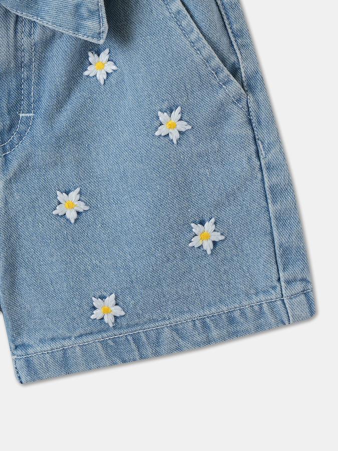 Girls Cotton Regular Fit Paperbag Waist Embroidered Hem Shorts