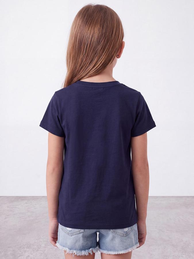 R&B Girls Blue Graphic Print Short Sleeves Round Neck Pure Cotton T-Shirt