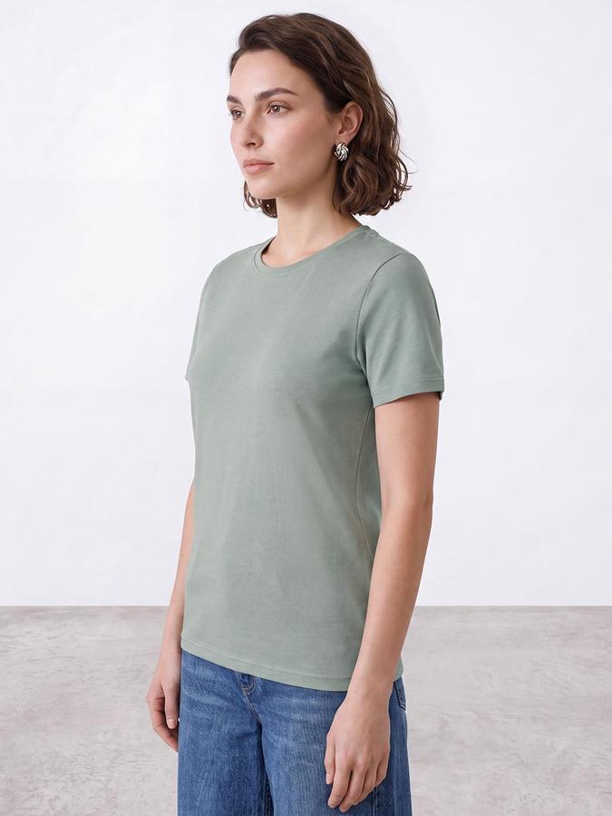 R&B Women Green Short Sleeve Round Neck Solid T-Shirt