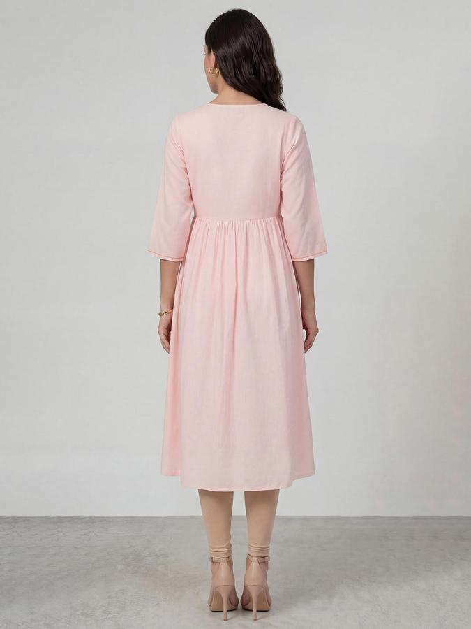 R&B Women Pink Embroidered Mandarin Collar Three-Quarter Sleeves Calf Length A-Line Kurta 