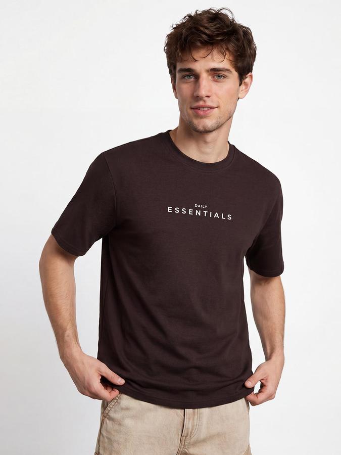 R&B Men Coffee Brown Typography Printed Pure Cotton Short Sleeves Tshirt