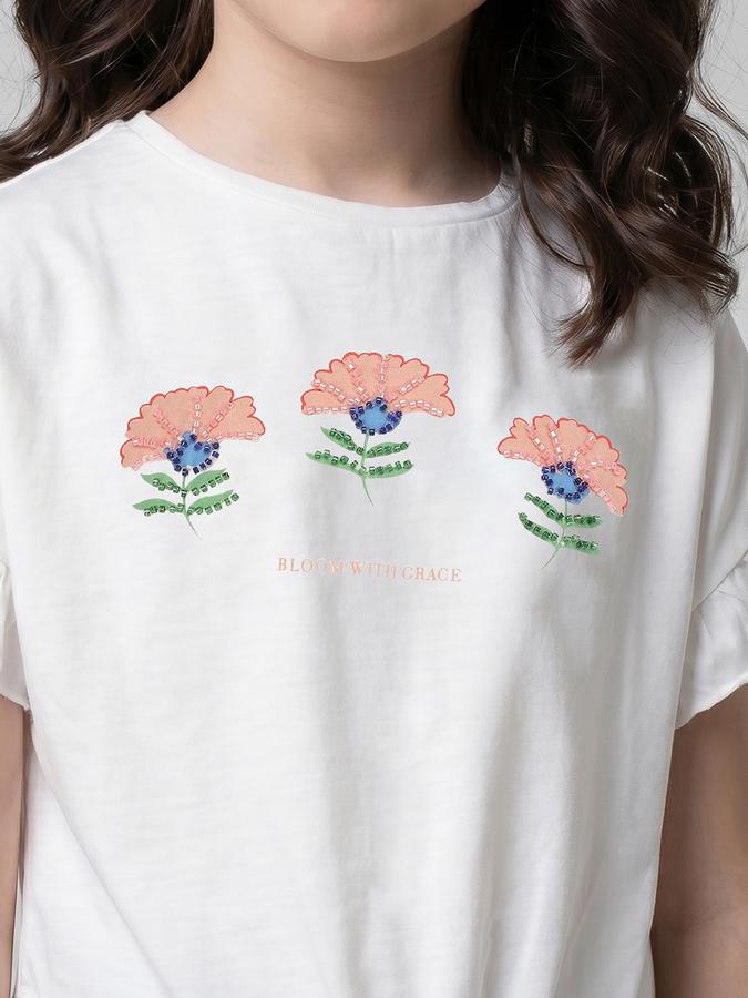 R&B White Floral Print Girls Round Neck Regular Fit Short Sleeves T-Shirt 
