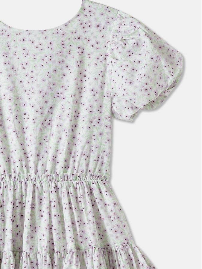 R&B White Floral Printed Girls Short Sleeves Dress