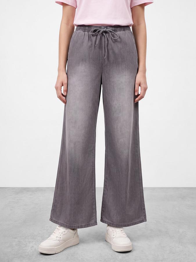 R&B Women Pure Cotton Grey Wide Leg Jeans With Drawstring Closure