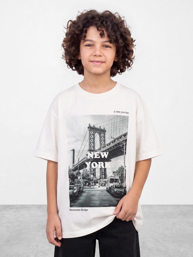 R&B Boys White Graphic Print Short Sleeves Round Neck Pure Cotton T-Shirt