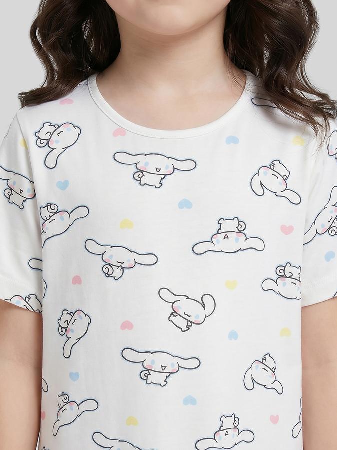 R&B White Printed Short Sleeves Round Neck Maxi Girls T-shirt Nightdress