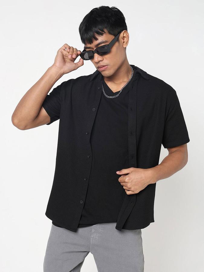 R&B Men Black Solid Half Sleeves Shirt 