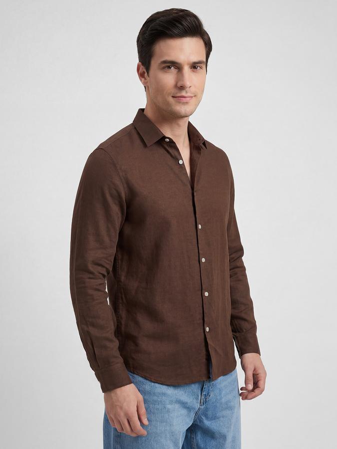 R&B Dark Brown Solid Men Spread Collar Long Sleeves Shirt