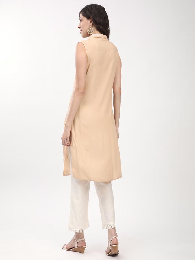 Women's regular fit casual beige chikankari printed collared sleeveless straight kurta image number 2