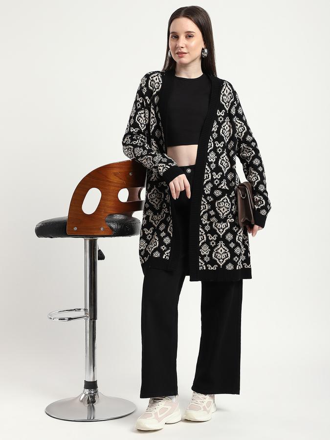 R&B Women Black Patterned Longline Cardigan