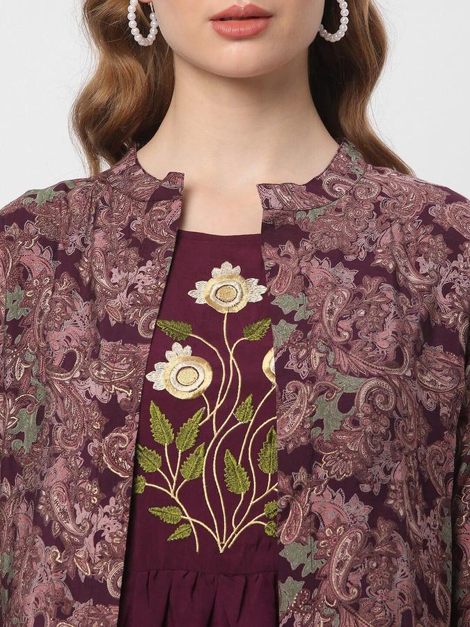 R&B Women Maroon Embroidered Three Quarter Sleeves  A-Line Midi  Ethnic Dress