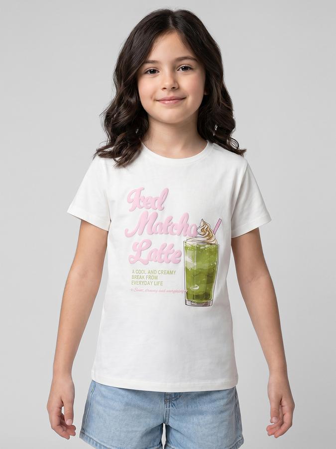 R&B White Graphic Print Girls Round Neck Regular Fit Short Sleeves T-Shirt 
