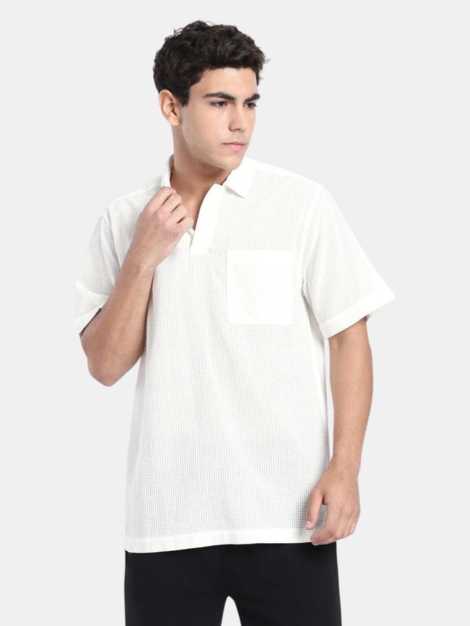R&B  Cream Textured Men Short Sleeves Regular Fit Shirts