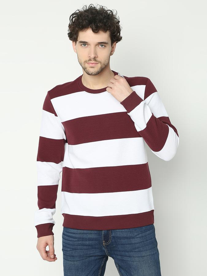 Men Cotton Regular Fit Crew Neck Stripes Sweatshirt