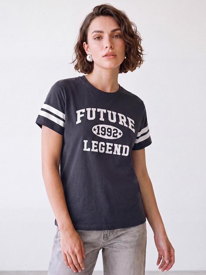 R&B Women Grey Short Sleeve Round Neck Typography Graphic Print T-Shirt