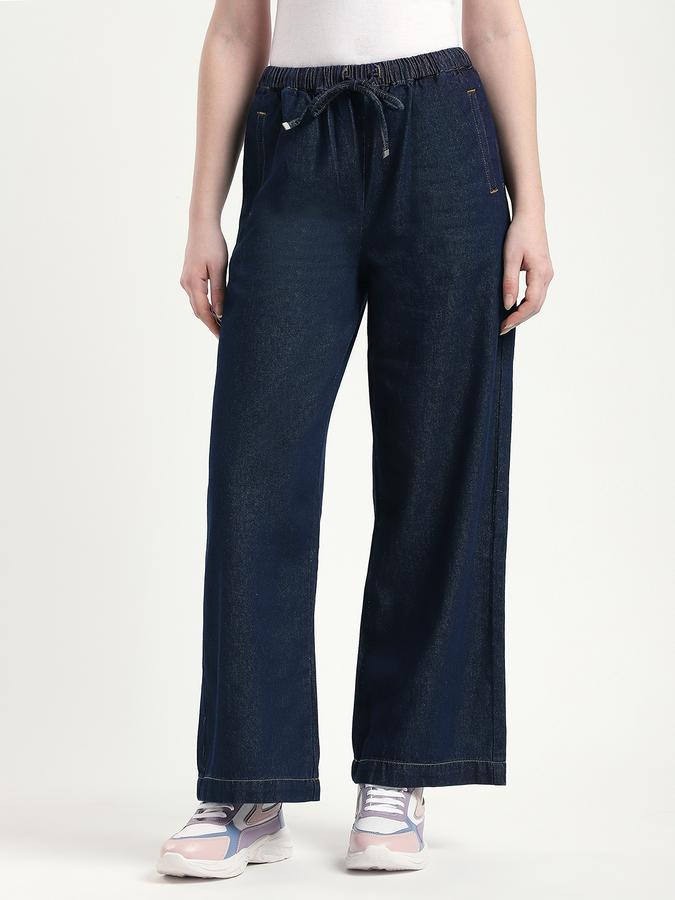 Women Cotton Wide Leg Mid Rise Solid Jeans