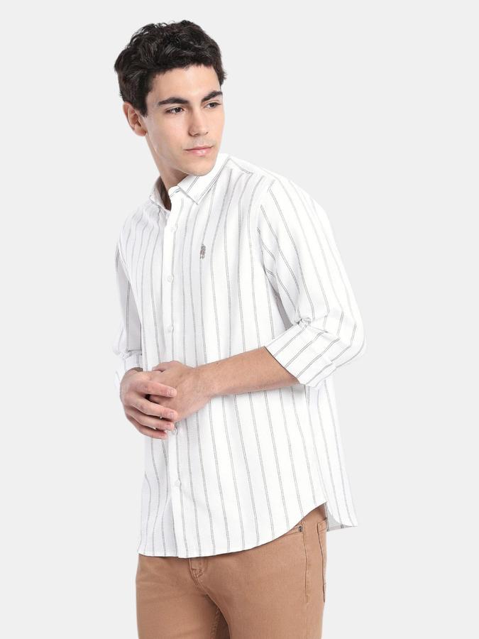R&B  Off White Striped Men Long Sleeves Regular Fit Shirts