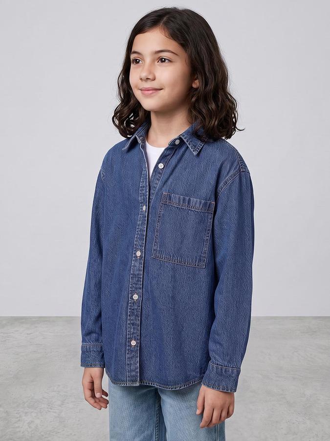 R&B Girls Blue Solid Spread Collar Long Sleeves Denim Shirt 