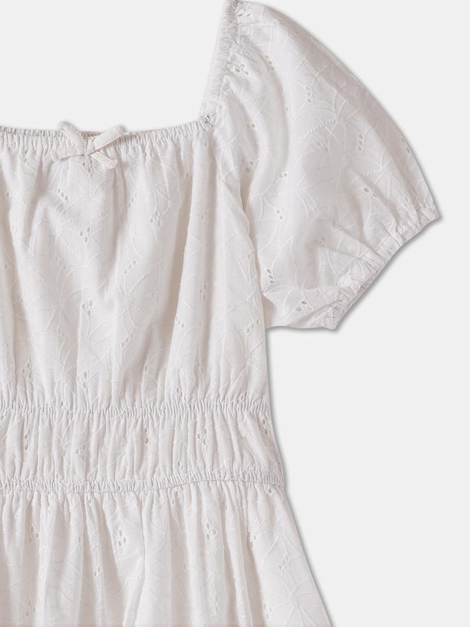 Girls Textured Puff Sleeve Square Neck Knee Length Dress