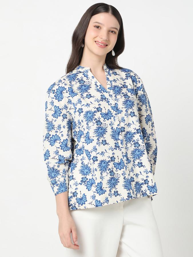 Women Cotton Regular Fit Mandarin Collar Floral Top