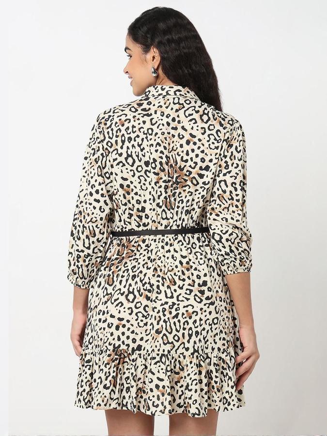 R&B Women Beige Printed Three-Quarter Sleeves Round Neck Mini Fit &amp; Flare Dress