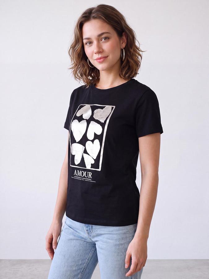 R&B Women Black Metallic Sliver Heart Graphic Print Pure Cotton Round Neck T-Shirt